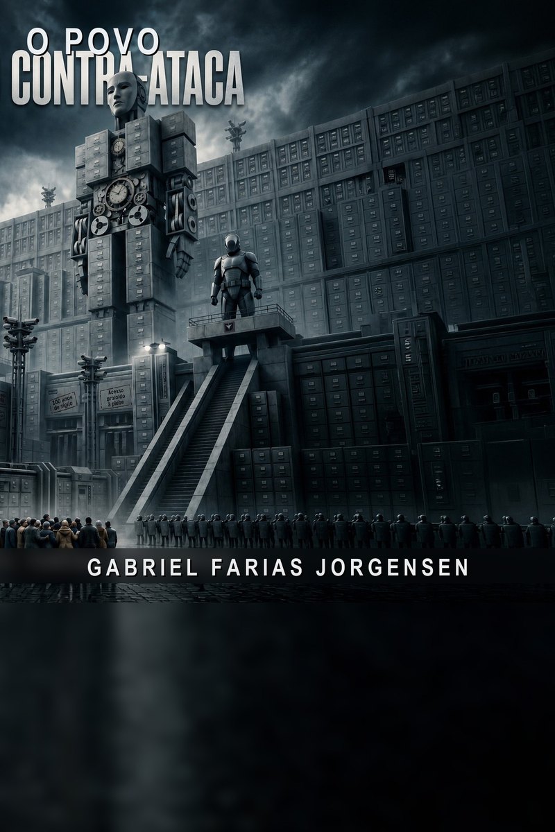 Capa do livro O Povo Contra-Ataca, de Gabriel Farias Jorgensen: um prédio público gigantesco feito de arquivos, uma fila de cidadãos diante de um cordão de agentes do Estado.